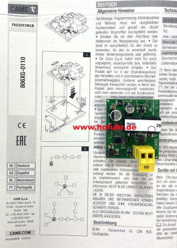 CAME RCXN-Platine für den Anschluss von BUS Komponenten, 806XG-0110